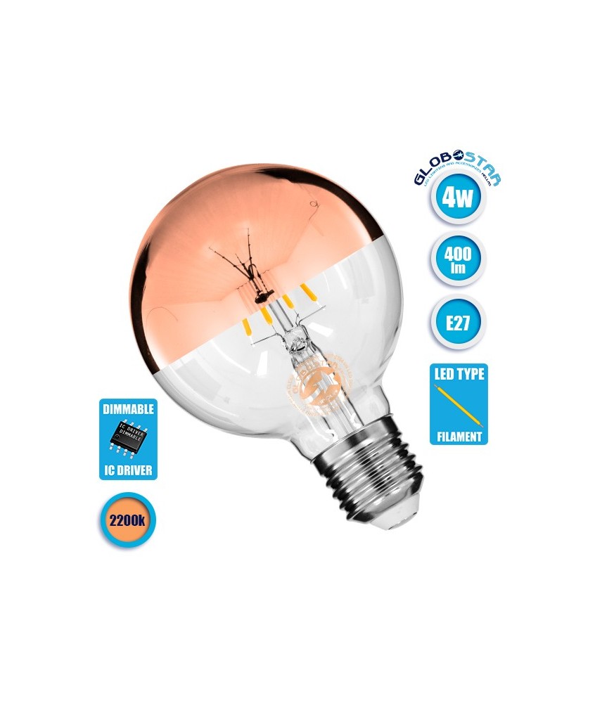 GLOBOSTAR® BUBBLE 99112 Λάμπα E27 G80 LED 4W 400lm 320° AC 220-240V IP20 Ultra Θερμό Λευκό 2200K Dimmable - Filament Chip - Διάφανο με Χάλκινο Ανεστραμμένο Καθρέπτη - Μ8 x Π8 x Υ12.5cm - 3 Χρόνια Εγγύηση
